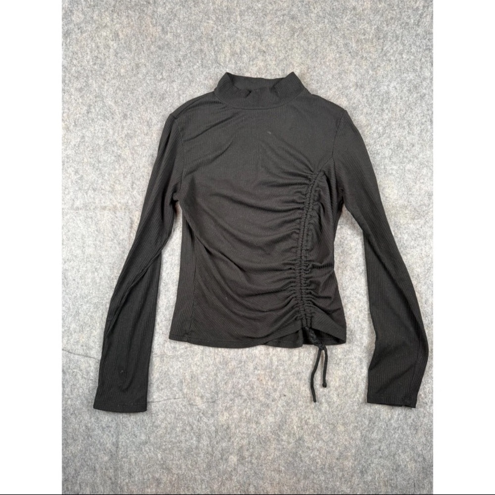 Paperoc Blouse Women's M Black‎ Ribbed Ruched Long Sleeve Mock Neck Pullover Top